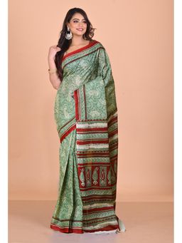 Unnati Silks - Green Pure Hand Block Printed Kota Saree with Unstitched Blouse