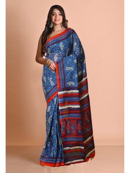 Unnati Silks - Blue Pure Hand Block Printed Kota Saree with Unstitched Blouse