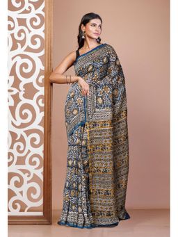 Unnati Silks - Blue Pure Bagru Kalamkari Printed Sico Saree with Unstitched Blouse