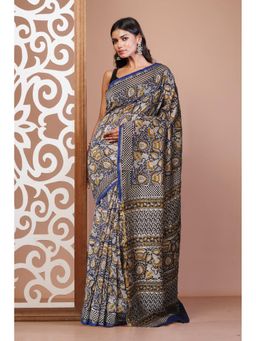 Unnati Silks - Navy Blue Pure Bagru Kalamkari Printed Sico Saree with Unstitched Blouse