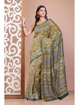 Unnati Silks - Olive Pure Bagru Kalamkari Printed Sico Saree with Unstitched Blouse