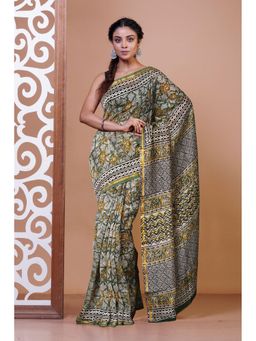 Unnati Silks - Sage Green Pure Bagru Kalamkari Printed Sico Saree with Unstitched Blouse