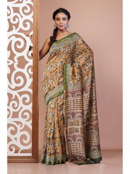 Unnati Silks - Mustard Pure Bagru Kalamkari Printed Sico Saree with Unstitched Blouse