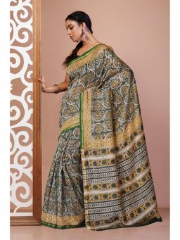 Unnati Silks - Dark Green Pure Bagru Kalamkari Printed Sico Saree with Unstitched Blouse