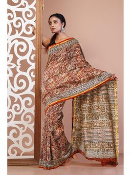 Unnati Silks - Red Pure Bagru Kalamkari Printed Sico Saree with Unstitched Blouse