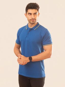 The Bleu Label - Men Solid Polo Neck Half Sleeve T-Shirt Blue Crest