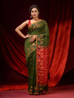 CHARUKRITI - Sap Green Blended Cotton Woven Buttas and Foliage Borders Saree with Unstitched Blouse