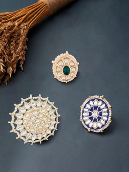 Zaveri Pearls - Set of 3 Green & Blue Meenakari Kundan Rings-ZPFK14522