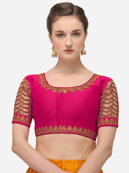 Amrutam Fab - Womens Embroidered Pink Phantom Silk Stiched Blouse With Round Neck