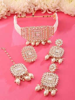 Zaveri Pearls - Gold Tone Multistrand Necklace Earring Maangtikka & Ring Set-ZPFK15621