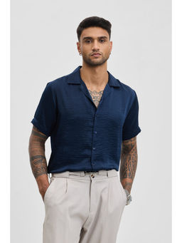 Snitch - Navy Blue Self Design Boxy Fit Shirt