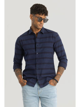 Snitch - Navy Blue Slim Fit Stripes Shirt