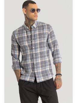 Snitch - Stone Grey & Blue Checks Linen Blend Shirt
