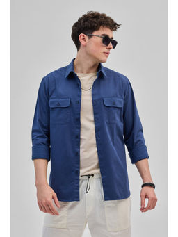 Snitch - Blue Solid Double Pocket Overshirt