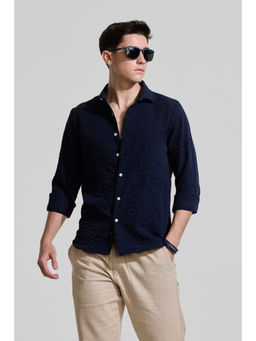 Snitch - Navy Blue Textured Slim Fit Shirt