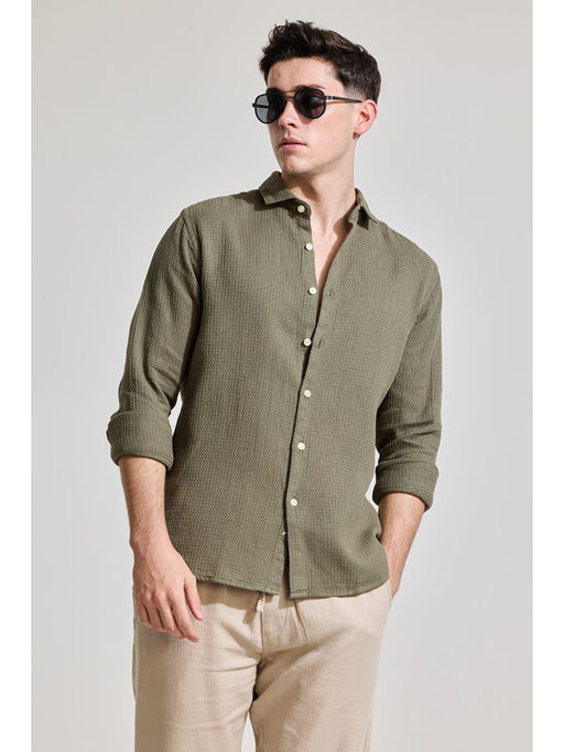Snitch Olive Slim Fit Textured Shirt