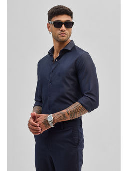 Snitch - Dark Navy Blue Self Design Shirt