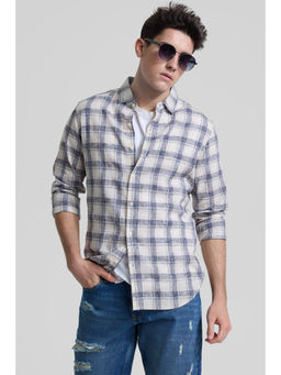 Snitch - Off White & Dark Grey Checks Linen Blend Shirt