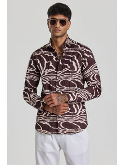 Snitch - Dark Brown Abstract Slim Fit Shirt