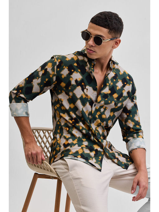 Snitch Dark Green Printed Shirt