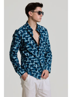 Snitch - Teal Blue Printed Slim Fit Shirt
