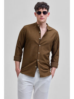 Snitch - Tan Brown Self Design Mandarin Shirt