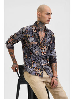 Snitch - Grey Abstract Slim Fit Shirt