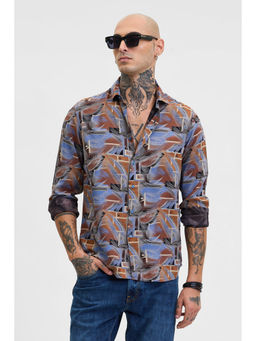 Snitch - Blue & Brown Abstract Slim Fit Shirt
