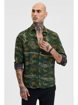 Snitch - Green Geometric Slim Fit Shirt