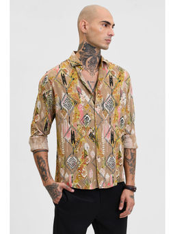Snitch - Beige Abstract Slim Fit Shirt