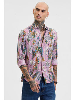 Snitch - Pink Abstract Slim Fit Shirt