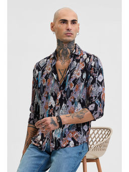 Snitch - Black Abstract Slim Fit Shirt