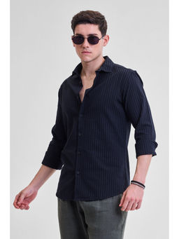 Snitch - Navy Blue Stripes Slim Fit Shirt
