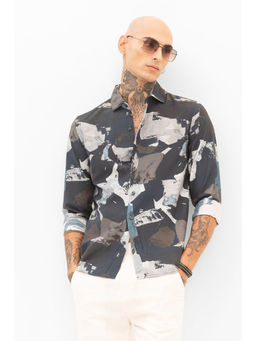 Snitch - Charcoal Grey Abstract Slim Fit Shirt