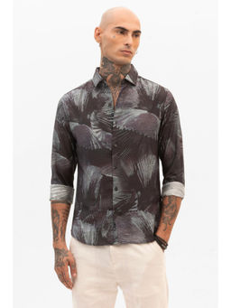 Snitch - Dark Brown Abstract Slim Fit Shirt