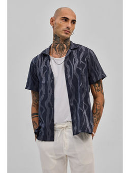 Snitch - Navy Blue Self Design Boxy Fit Shirt