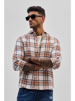 Snitch - White & Orange Checks Slim Fit Shirt