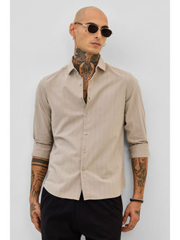 Snitch - Dark Beige Slim Fit Stripes Shirt