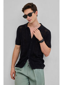 Snitch - Black Self Design Knitted Shirt