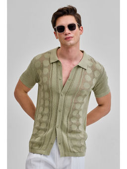 Snitch - Sage Green Self Design Knitted Shirt
