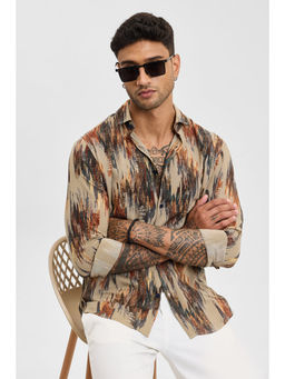 Snitch - Beige Abstract Slim Fit Shirt