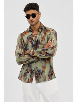 Snitch - Sage Green Abstract Slim Fit Shirt