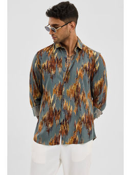 Snitch - Grey & Blue Abstract Slim Fit Shirt