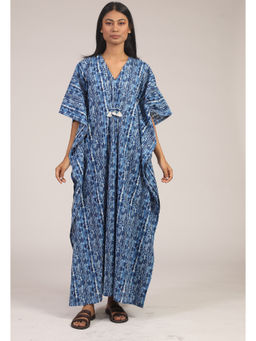 Kasya - Blue Cotton Printed Long Kaftan