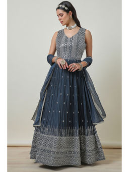 Soch - Womens Grey Georgette Gown with Churidar & Dupatta (Set of 3)