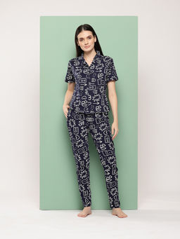 Leading Lady - Women Navy Blue Printed Cotton Shirt with Pyjama