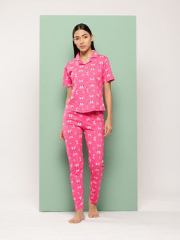 Leading Lady - Women Dark Pink Printed Cotton Shirt with Pyjama