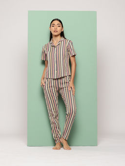 Leading Lady - Women Grey Stripes Cotton Shirt with Pyjama