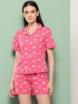 Leading Lady - Women Dark Pink Printed Cotton Shirt with Shorts