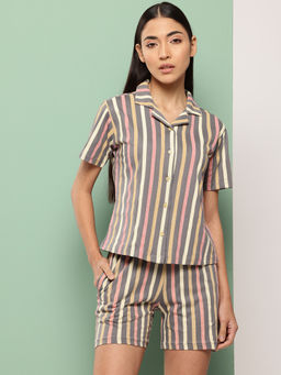 Leading Lady - Women Grey Stripes Cotton Shirt with Shorts
